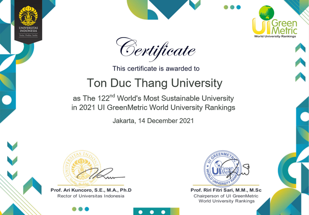Chứng nhận của TDTU trong bảng xếp hạng UI GreenMetric năm 2021.